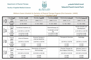 جدول الاختبارات النصفية للفصل الاول ١٤٤٤ هـ